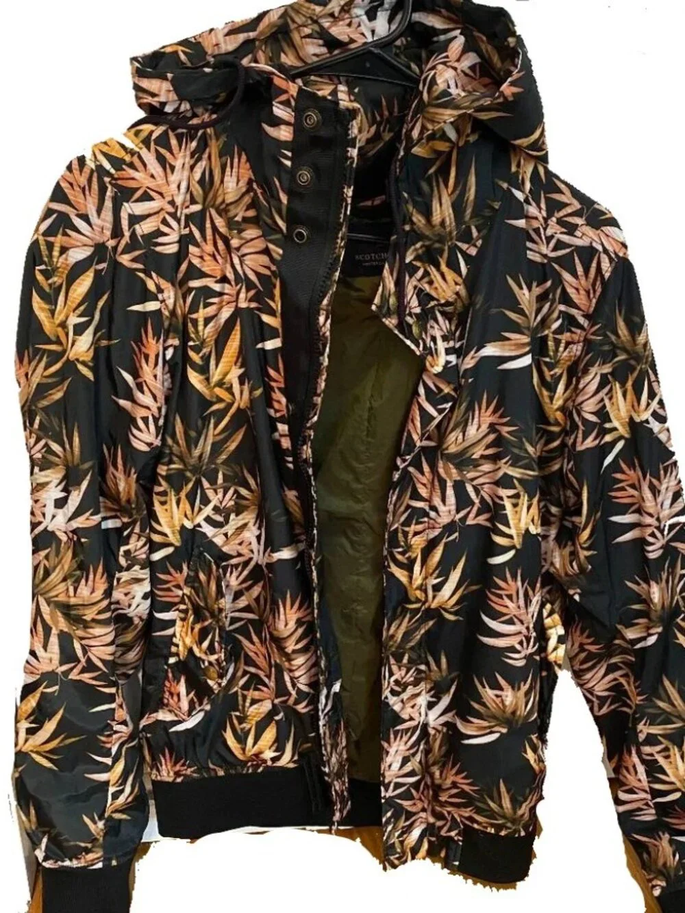Scotch & Soda Amsterdam Bomber Jacket. Black Orange Tropical Palm Leaf Size M
